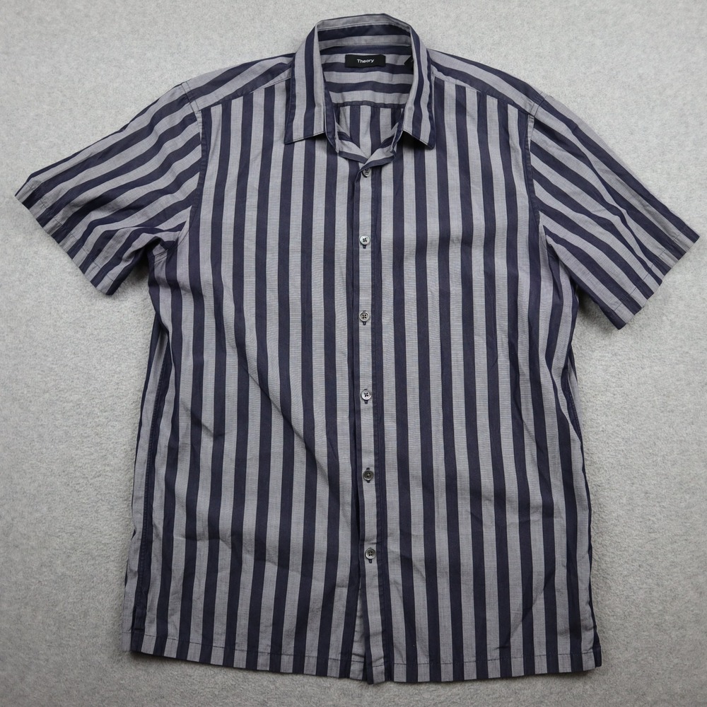 Theory Shirt Mens Medium Grey Navy Blue Striped Button Down Short Sleeve Casual